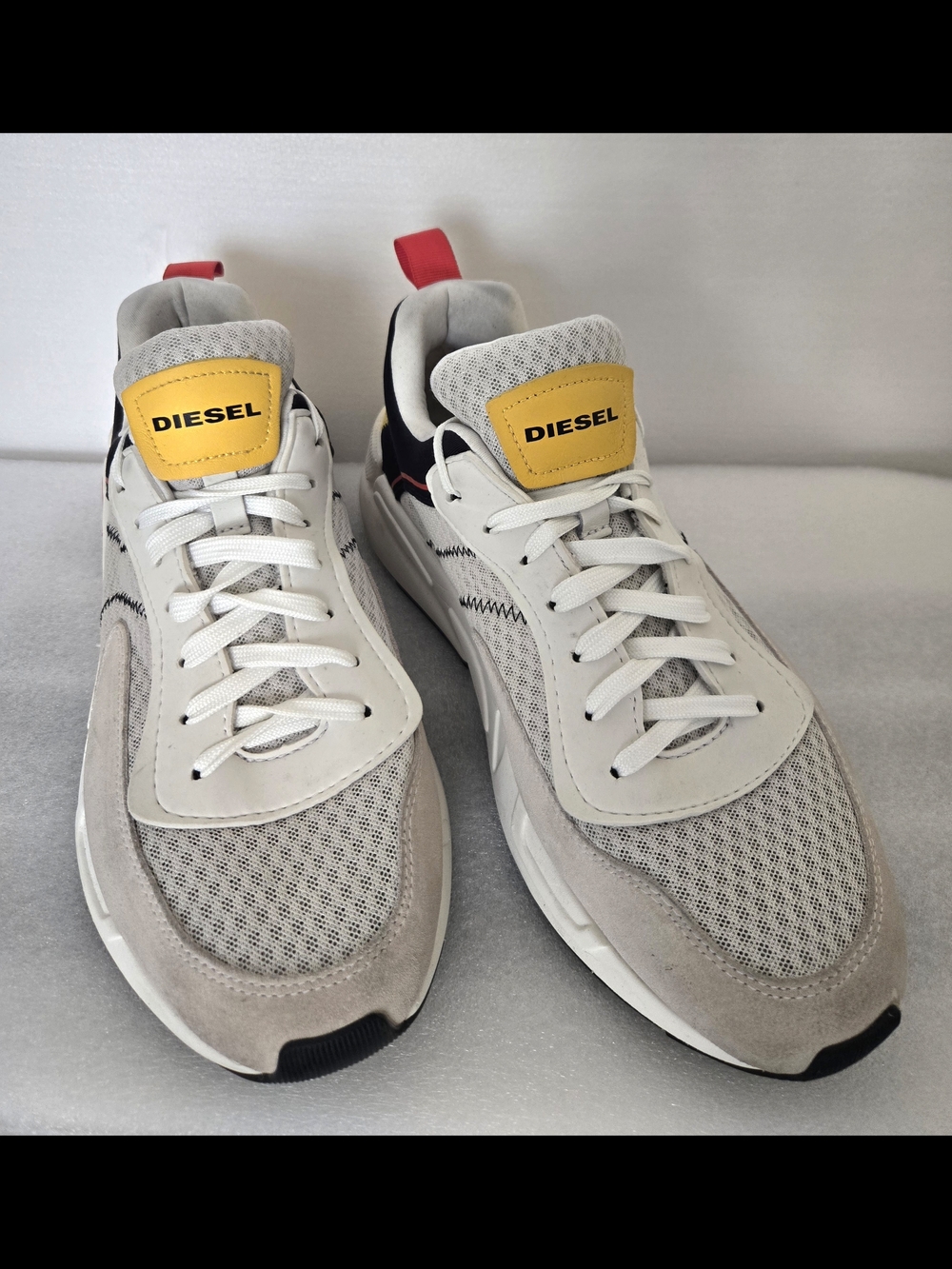 Diesel Men's White, Beige & Yellow Mesh Sneakers